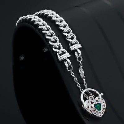 925 Sterling Silver Plated Euro Chain Bracelet with a Green Filigree Locket - USA Made-3